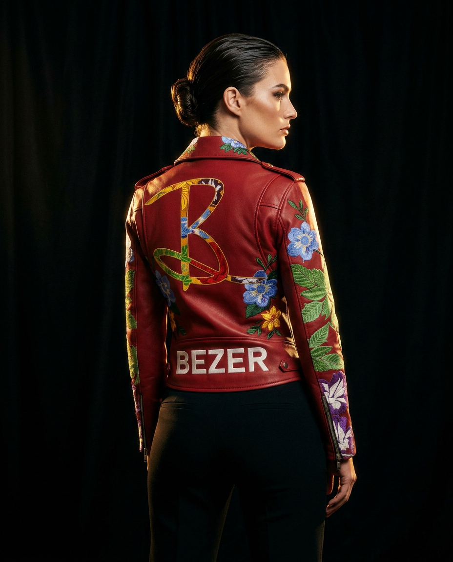 Bezer signature red embroidered biker jacket with B monogram